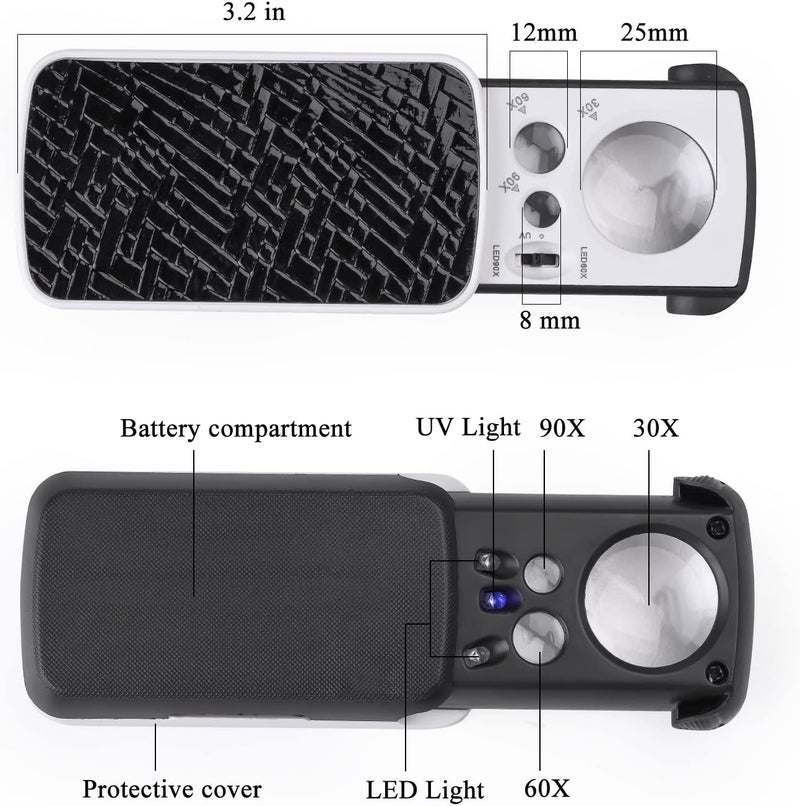 Amoper 2 Pieces 30X 60X 90X Jewelers Loupe, Slide-Out Lighted Eye Loupe Magnifying Glass with 3 Light for Coins Gems Jewelry Rocks Watches (Black) - Image 2